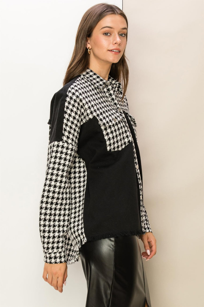 HYFVE Houndstooth Contrast Raw Hem Jacket - TopFashionHQ