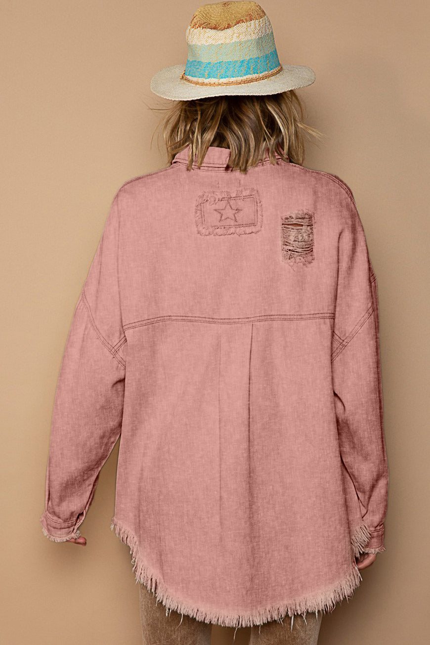 POL Button Down Raw Hem Distressed Shacket - TopFashionHQ