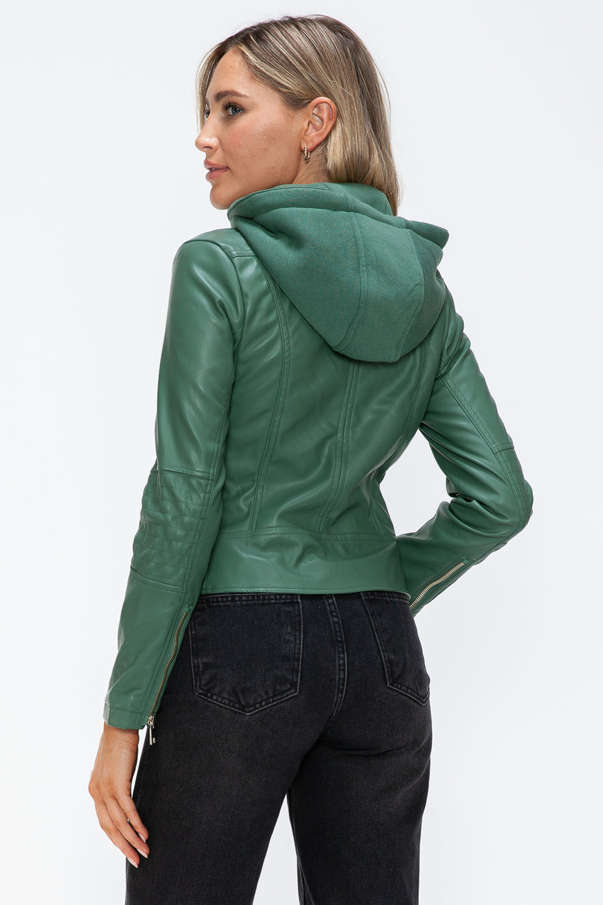 Snobbish Faux Leather Zip Up Drawstring Hooded Jacket - TopFashionHQ