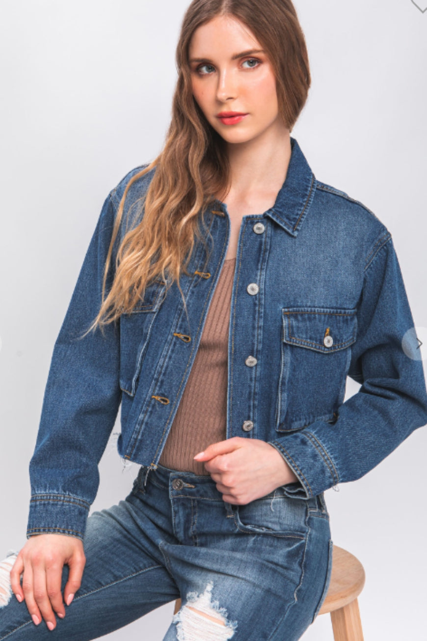 Love Tree Raw Hem Button Up Cropped Denim Jacket - TopFashionHQ
