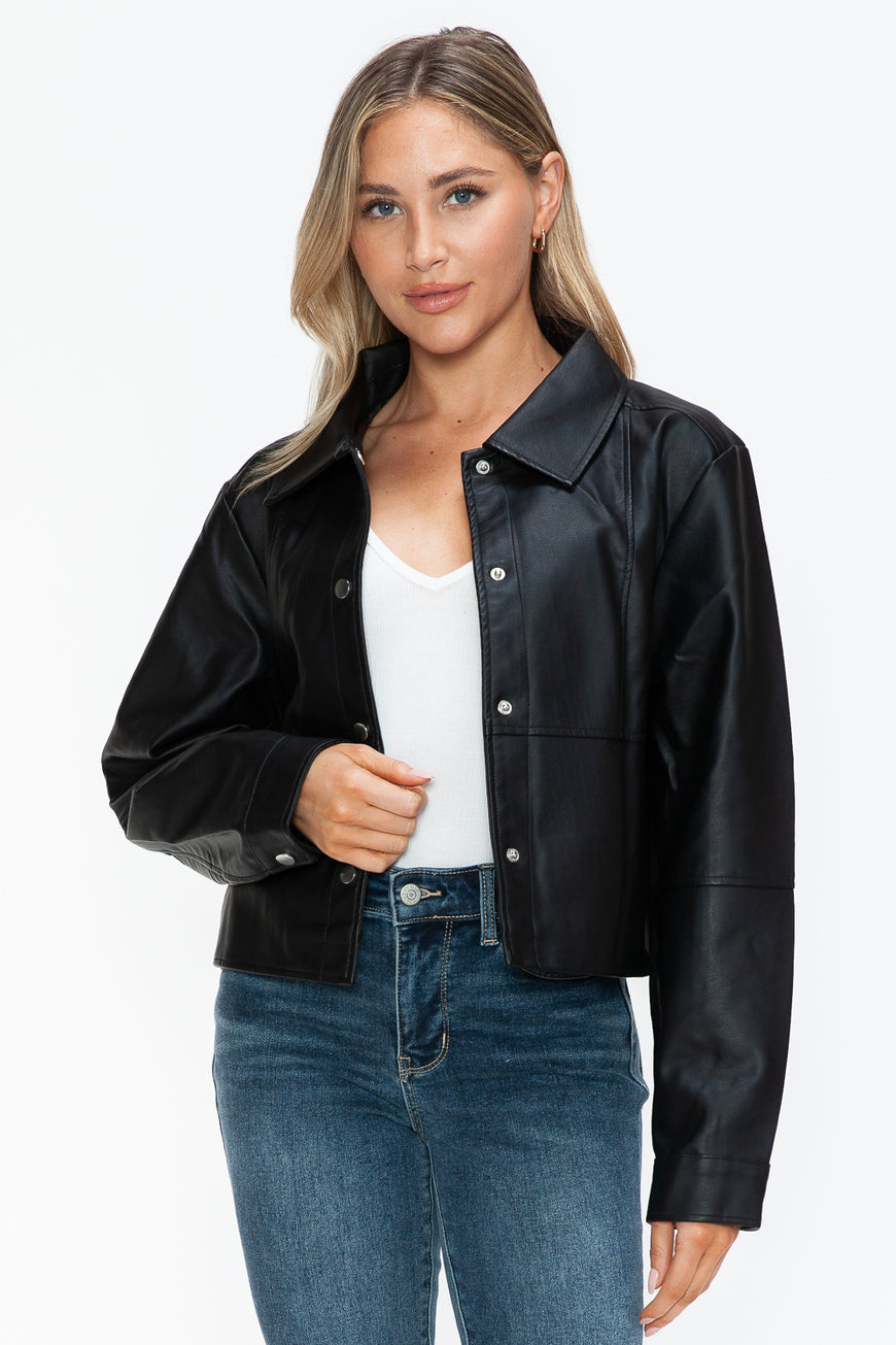 Snobbish Snap Down Long Sleeve PU Leather Jacket - TopFashionHQ
