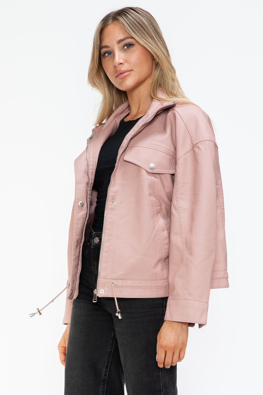 How Dare U Drawstring Hem PU Leather Zip Up Jacket - TopFashionHQ