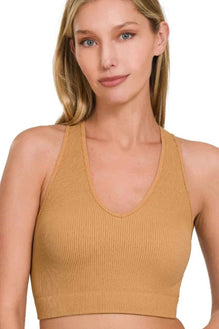 Zenana Seamless Ribbed Cropped Racerback Tank Top