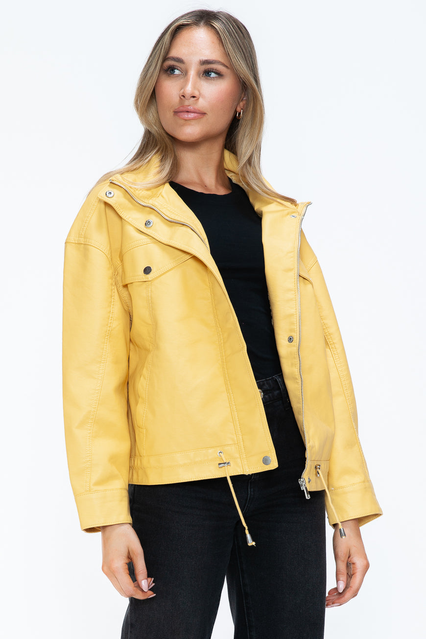 How Dare U Drawstring Hem PU Leather Zip Up Jacket - TopFashionHQ