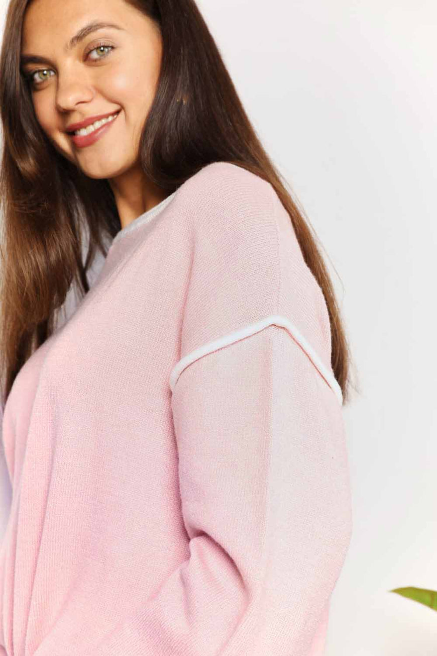 Double Take Contrast Detail Dropped Shoulder Knit Top - TopFashionHQ
