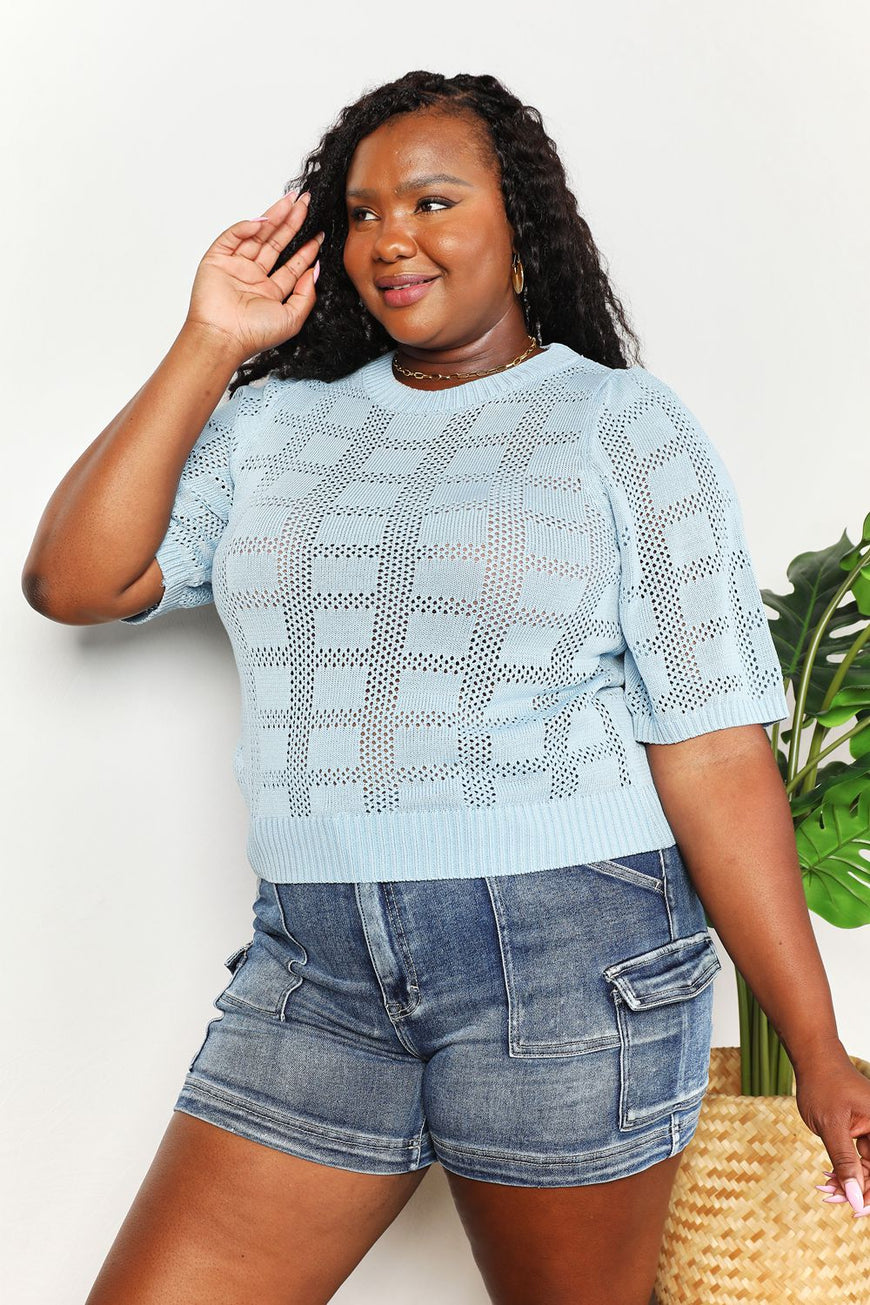Double Take Ribbed Trim Round Neck Knit Top - TopFashionHQ