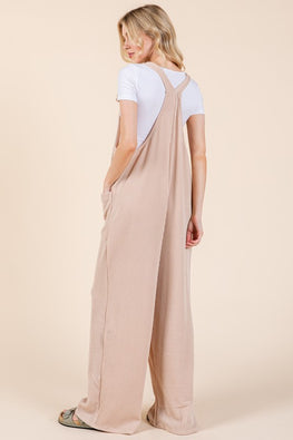 BOMBOM Knot Straps Wide Leg Ribbed Overalls with Pockets