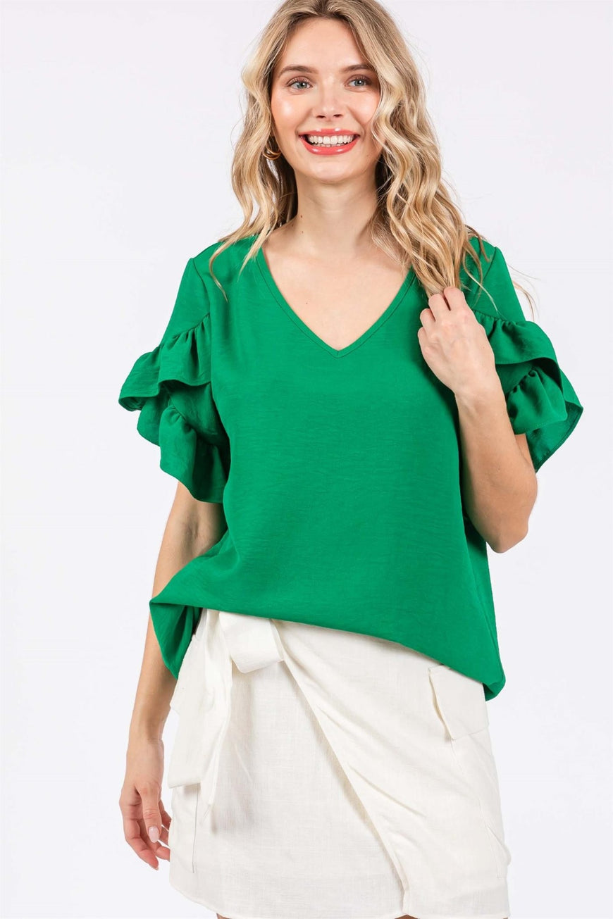 GeeGee Ruffled Short Sleeve V-Neck Blouse - TopFashionHQ