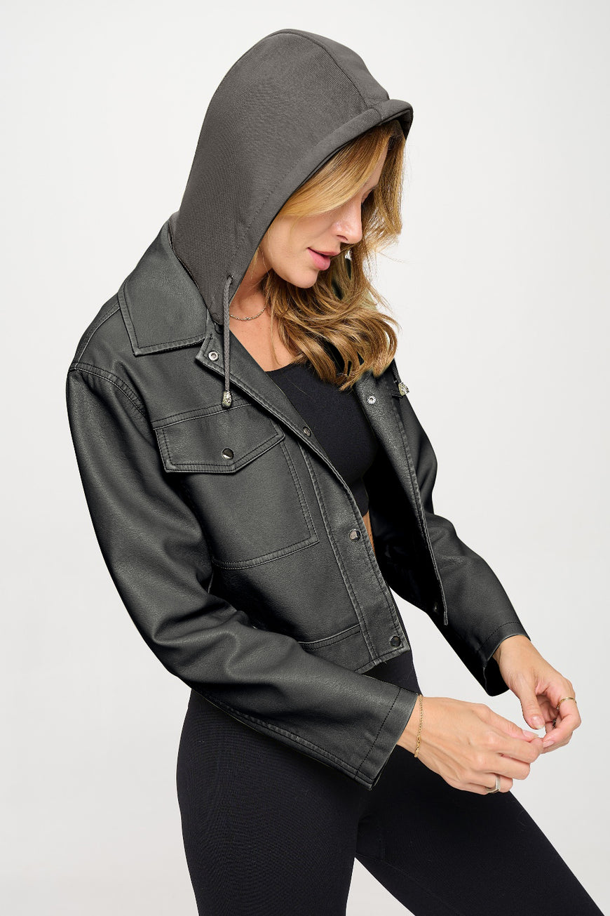 Coalition LA Snap Down Cropped Hooded Jacket - TopFashionHQ