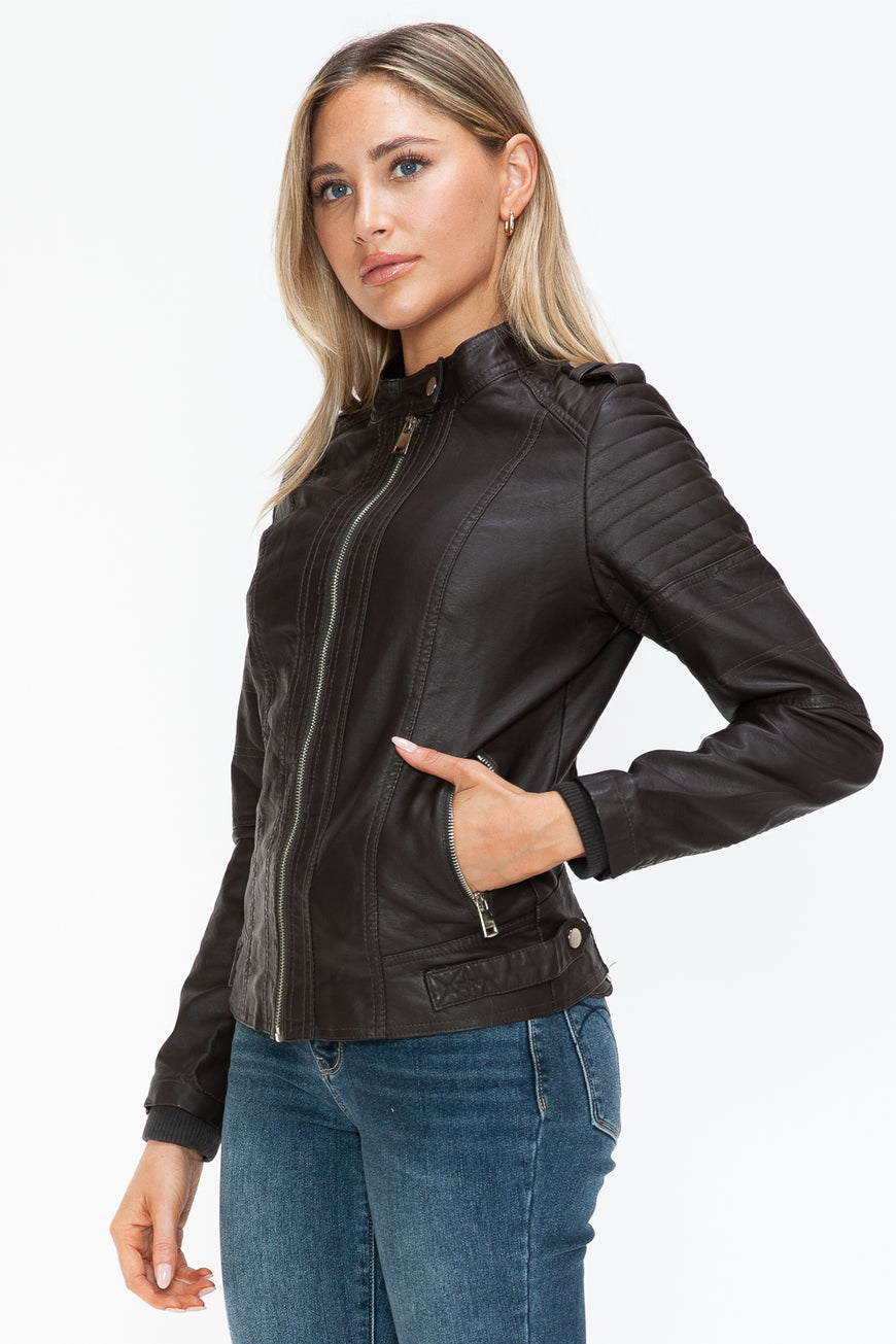 Snobbish PU Leather Biker Jacket with Side Zip Pockets - TopFashionHQ
