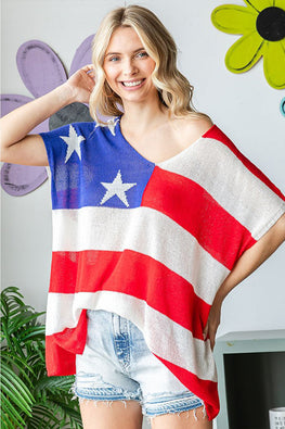 First Love Full Size USA Flag Drop Shoulder Knit Top - TopFashionHQ
