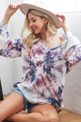 BiBi Tie-Dye V-Neck Long Sleeve Waffle Top