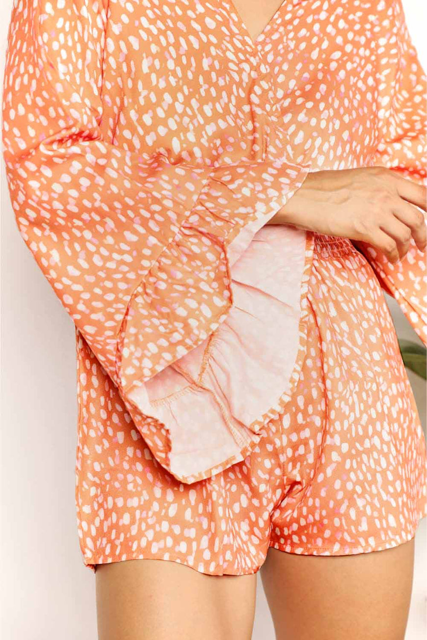 Double Take Printed Flare Sleeve Surplice Romper - TopFashionHQ