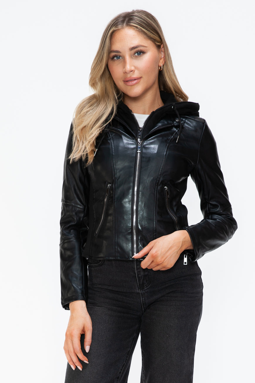 Snobbish Faux Leather Zip Up Drawstring Hooded Jacket - TopFashionHQ