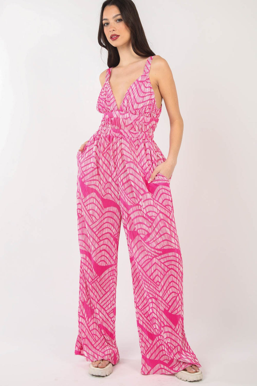 VERY J Printed Pleated Sleeveless Wide Leg Jumpsuit - TopFashionHQ
