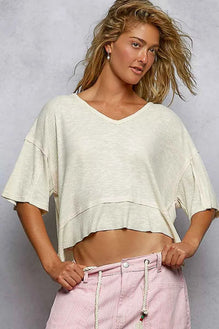 POL Short Sleeve Ccopped Rib T-Shirt with Contrast Stitch Detail