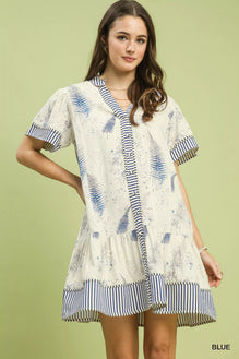 Umgee Linen Printed Button-Front Tiered Mini Dress
