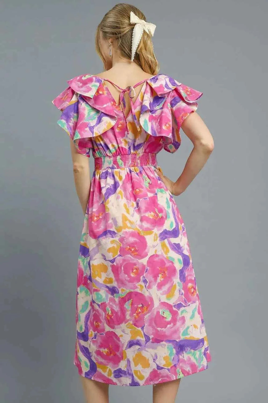 Umgee Floral Ruffled Cap Sleeve Midi Dress