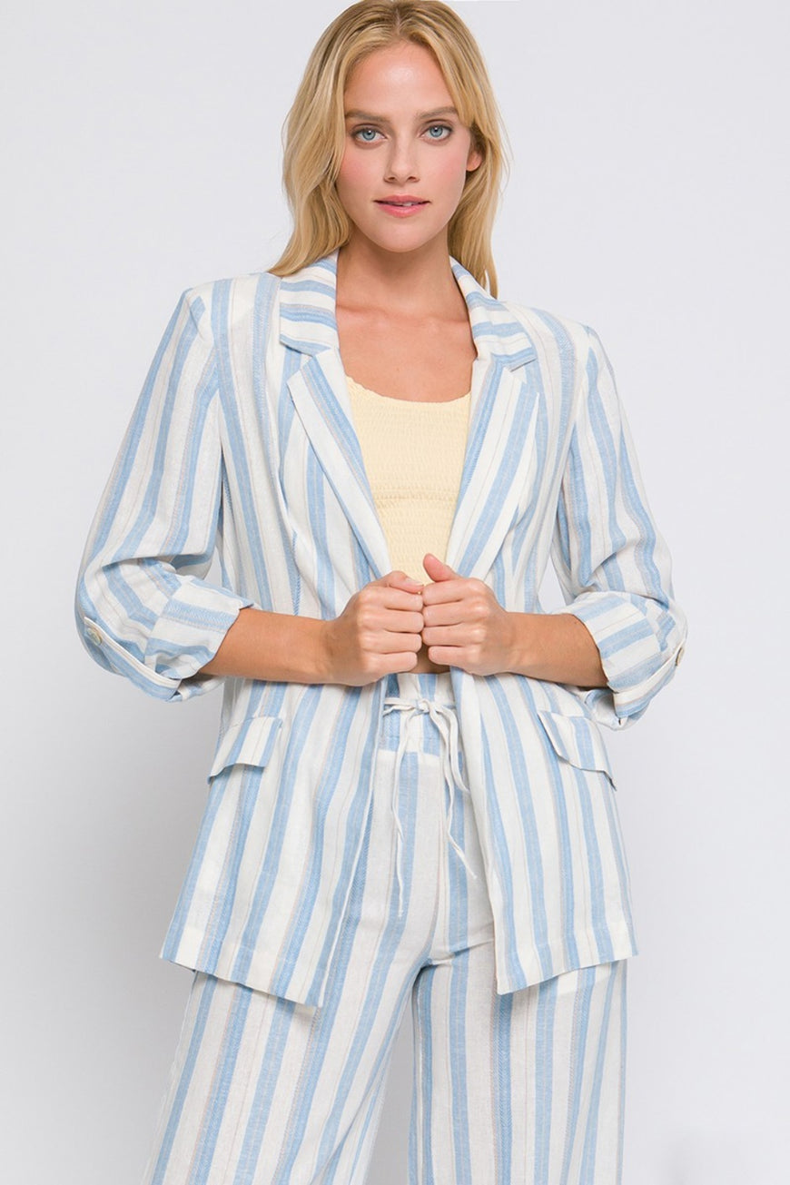 Love Tree Linen Woven Striped Blazer - TopFashionHQ