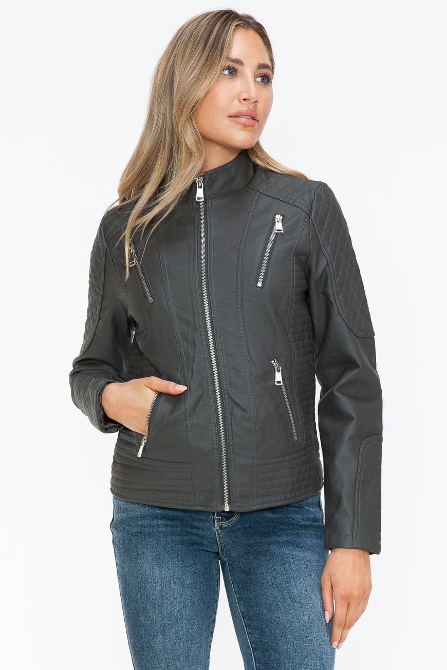 Snobbish Faux Leather Zip Up Mock Neck Jacket - TopFashionHQ