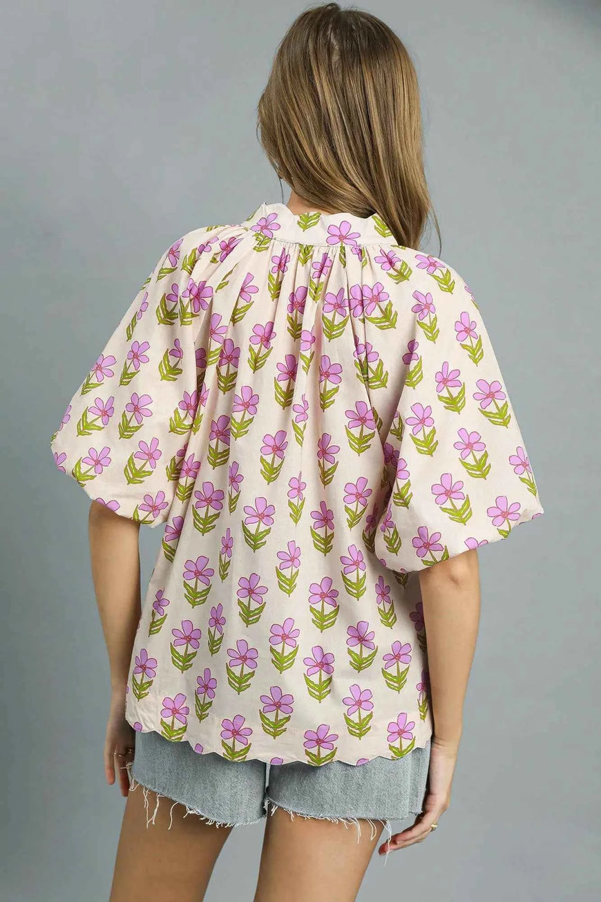 Umgee Floral Print Puff Sleeve Blouse