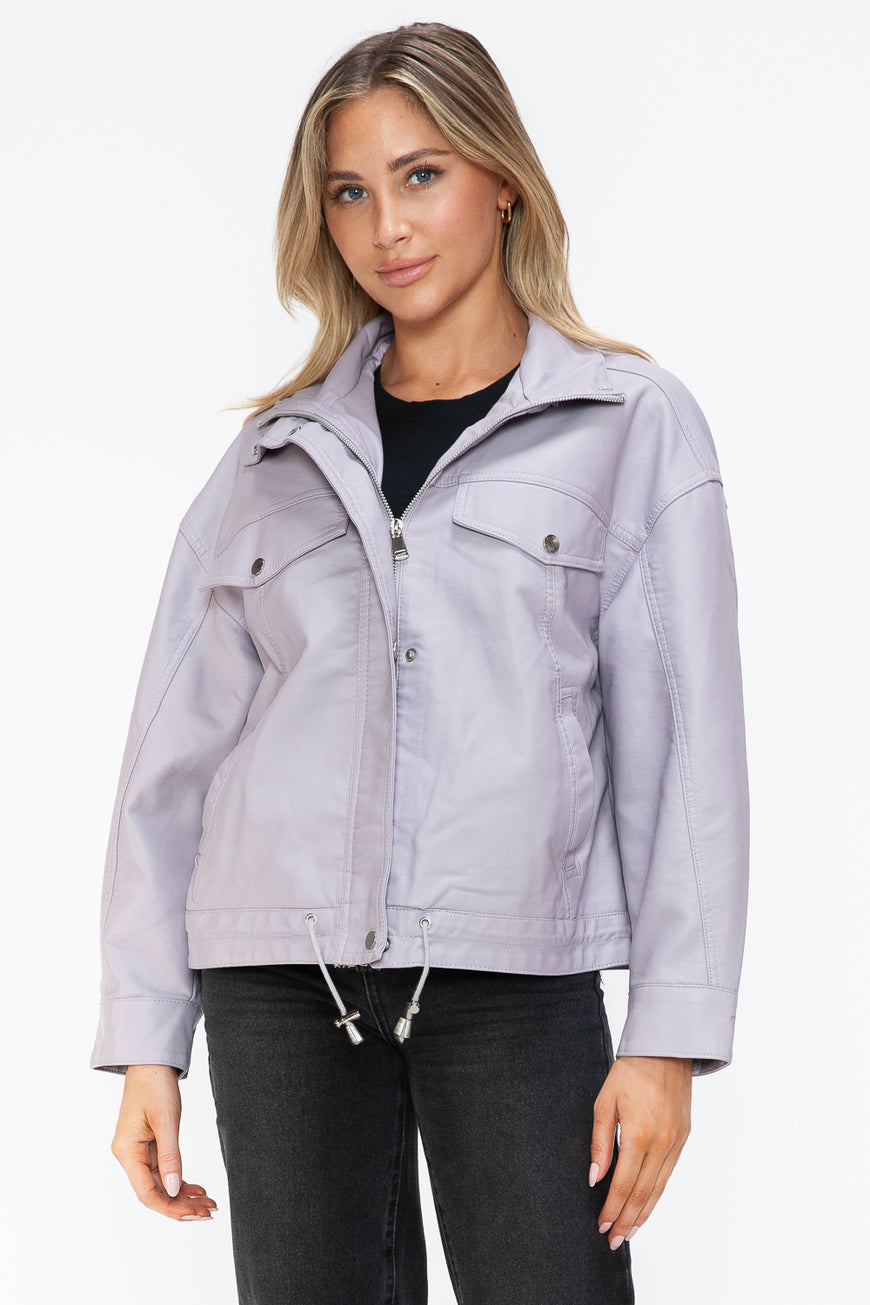 How Dare U Drawstring Hem PU Leather Zip Up Jacket - TopFashionHQ