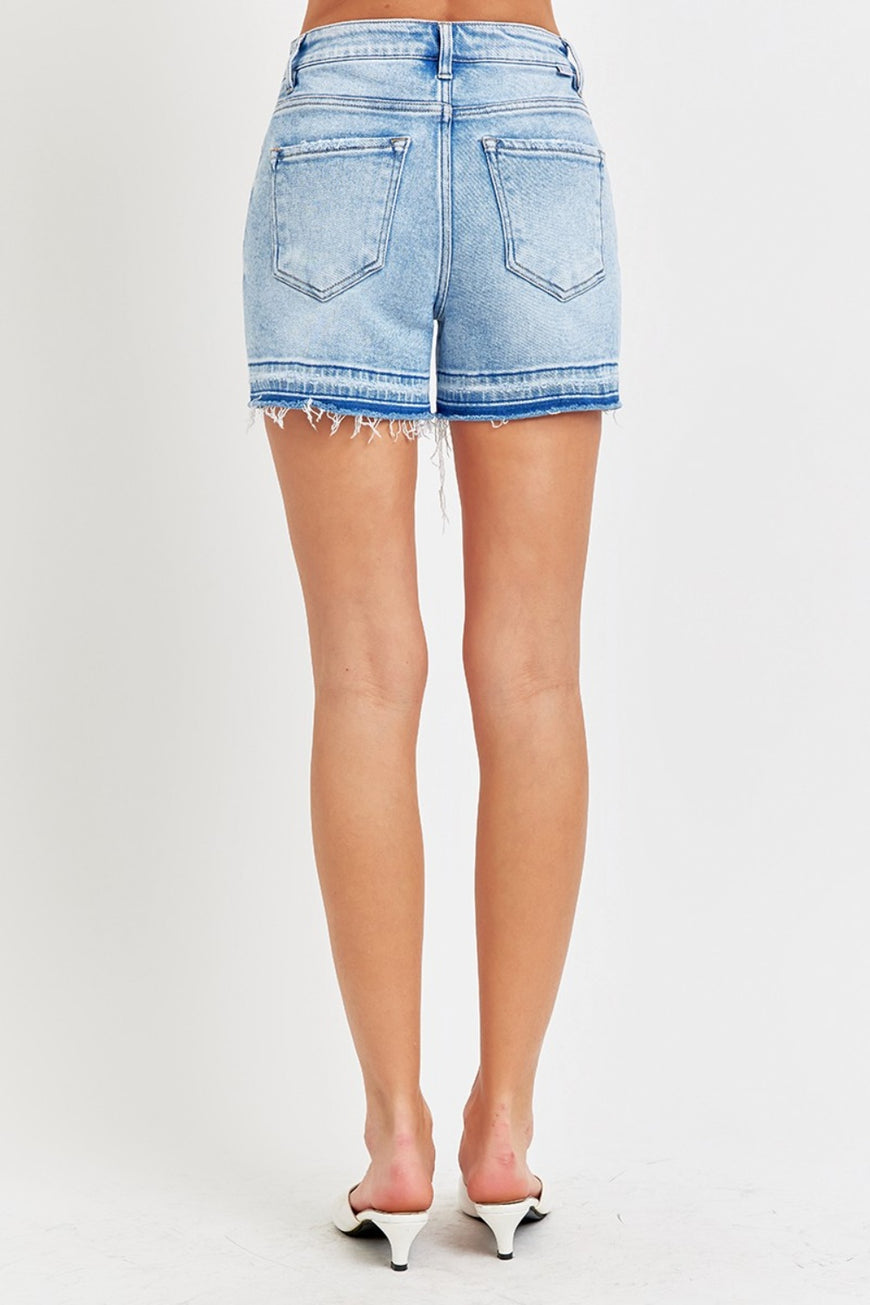 RISEN High Rise Distressed Hem Denim Shorts - TopFashionHQ