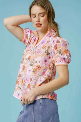 Umgee Floral Print Puff Sleeve Blouse