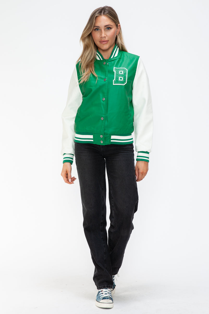 Love Me Now PU Leather Contrast Snap Down Bomber Jacket - TopFashionHQ