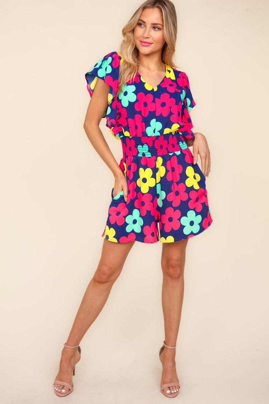 Haptics Floral Smocked Waist Romper with Side Pockets - TopFashionHQ