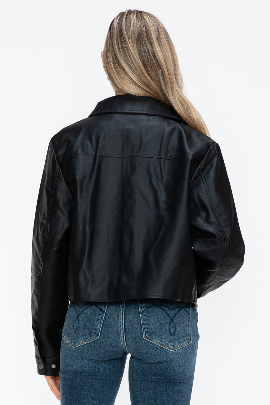 Snobbish Snap Down Long Sleeve PU Leather Jacket - TopFashionHQ