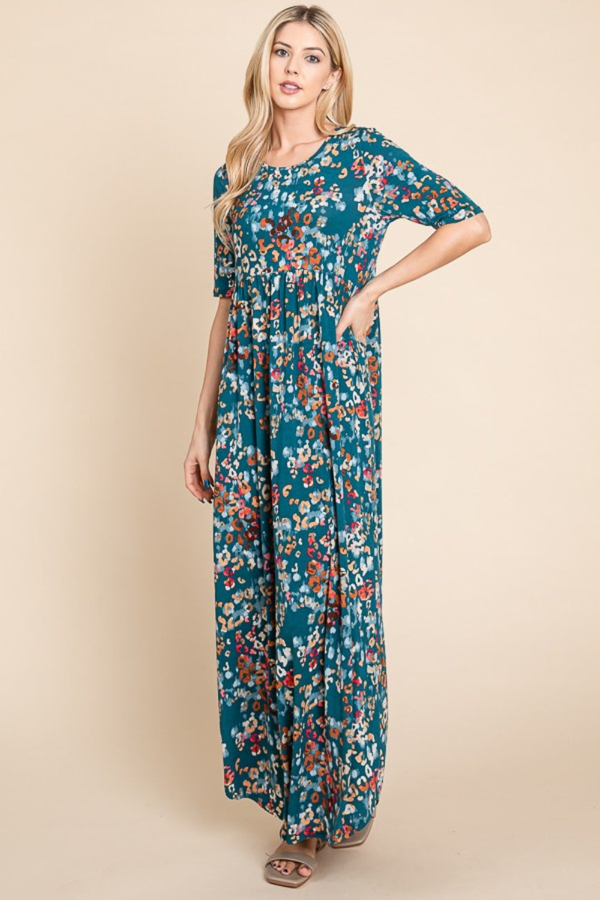 BOMBOM Printed Shirred Maxi Dress - TopFashionHQ