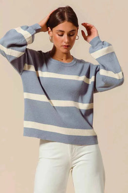 SO ME Ribbed Striped Round Neck Sweater