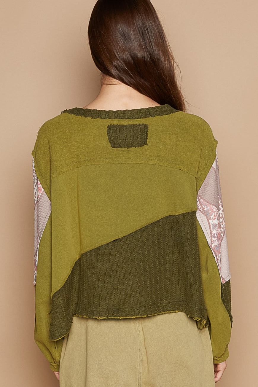 POL Long Sleeve Cut Sew Peace Emblem Top - TopFashionHQ