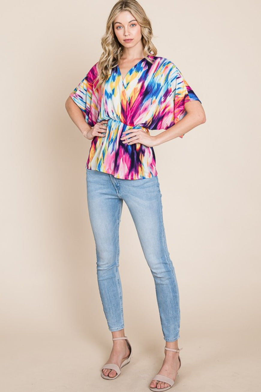BOMBOM Printed Surplice Peplum Blouse - TopFashionHQ