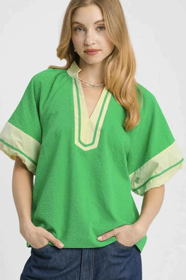 Umgee Contrast Trim Notched Puff Sleeve Blouse