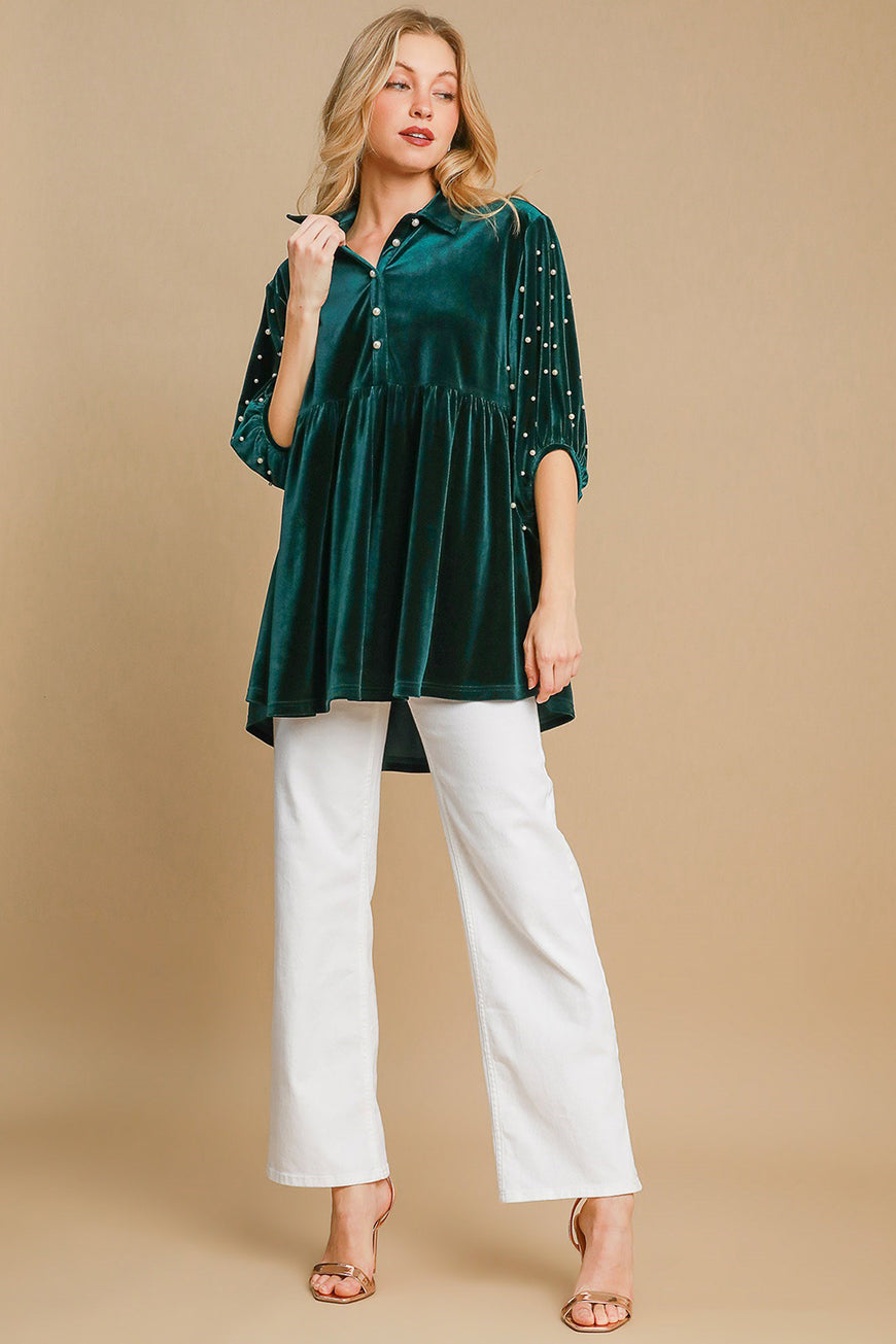 Umgee Pearl Detail Half Sleeve Velvet Babydoll Blouse - TopFashionHQ