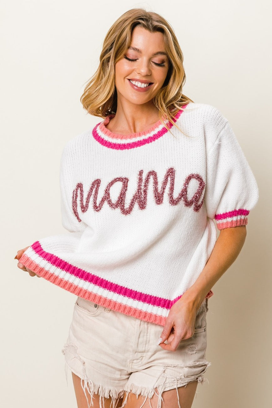 BiBi MAMA Contrast Trim Short Sleeve Sweater - TopFashionHQ