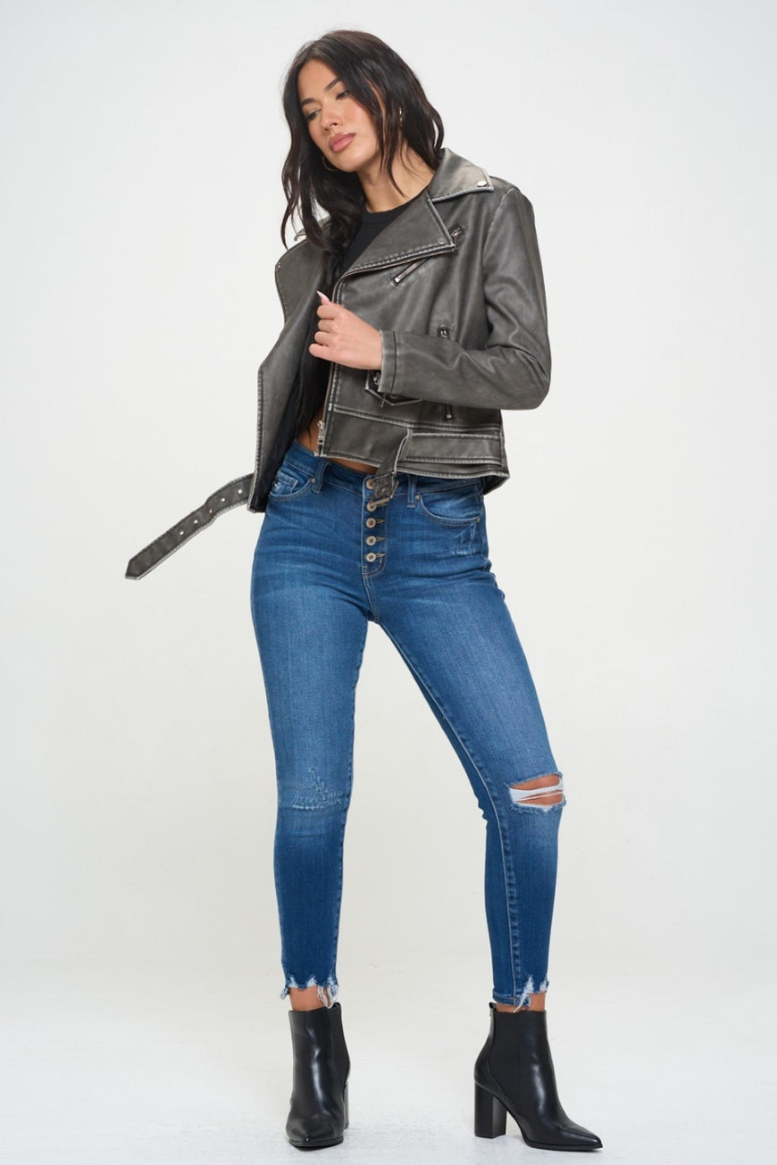 Coalition LA Zip Up Biker Jacket with Belt - TopFashionHQ