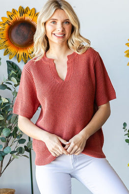 First Love Notched Short Sleeve Knit Top - TopFashionHQ