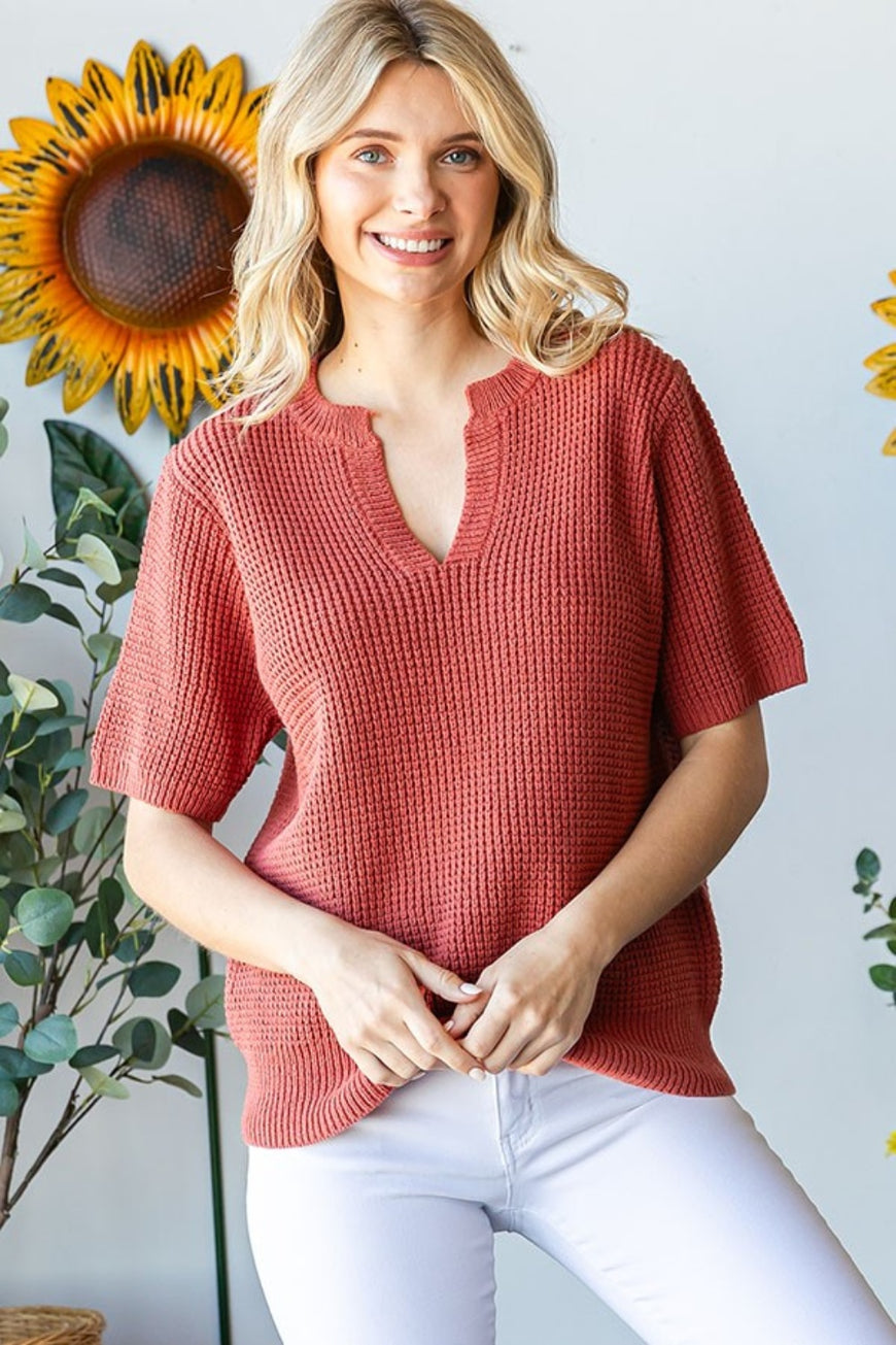 First Love Notched Short Sleeve Knit Top - TopFashionHQ