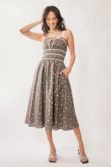 Davi & Dani Contrast Velvet Tape Smocking Bodice Midi Dress