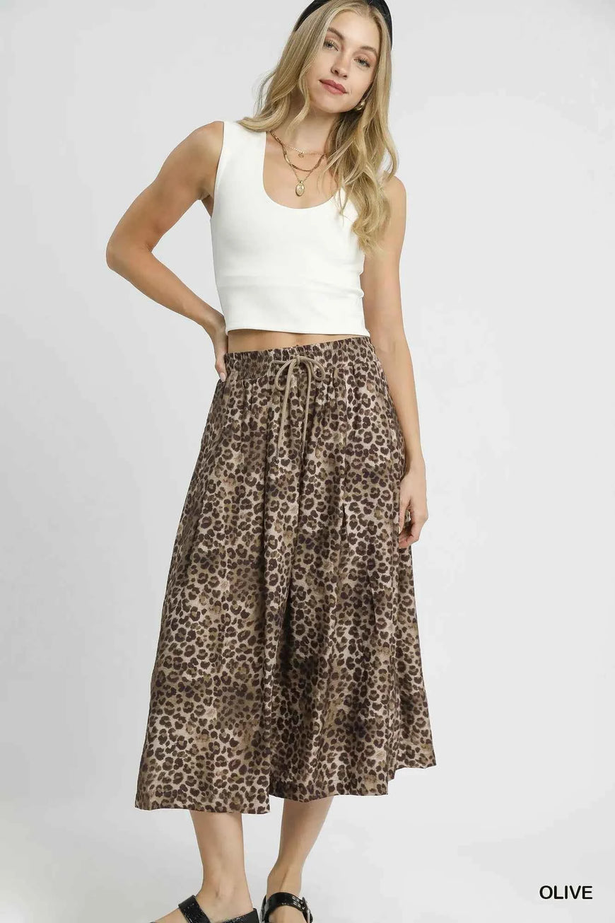 Umgee Drawstring Leopard Midi Skirt