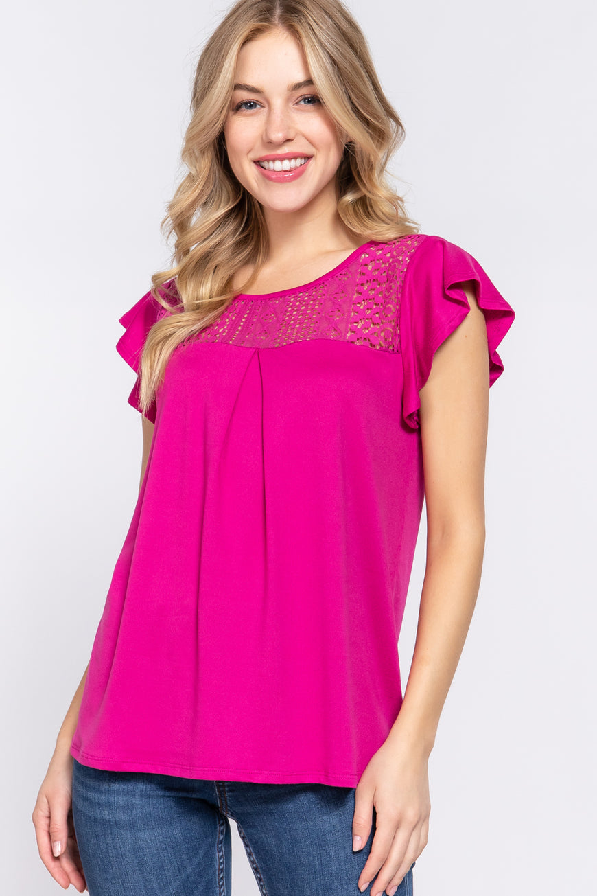 ACTIVE BASIC Ruffle Short Sleeve Lace Detail Knit Top - TopFashionHQ