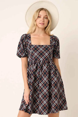 Mittoshop Checkered Print Puff Sleeve Babydoll Mini Dress