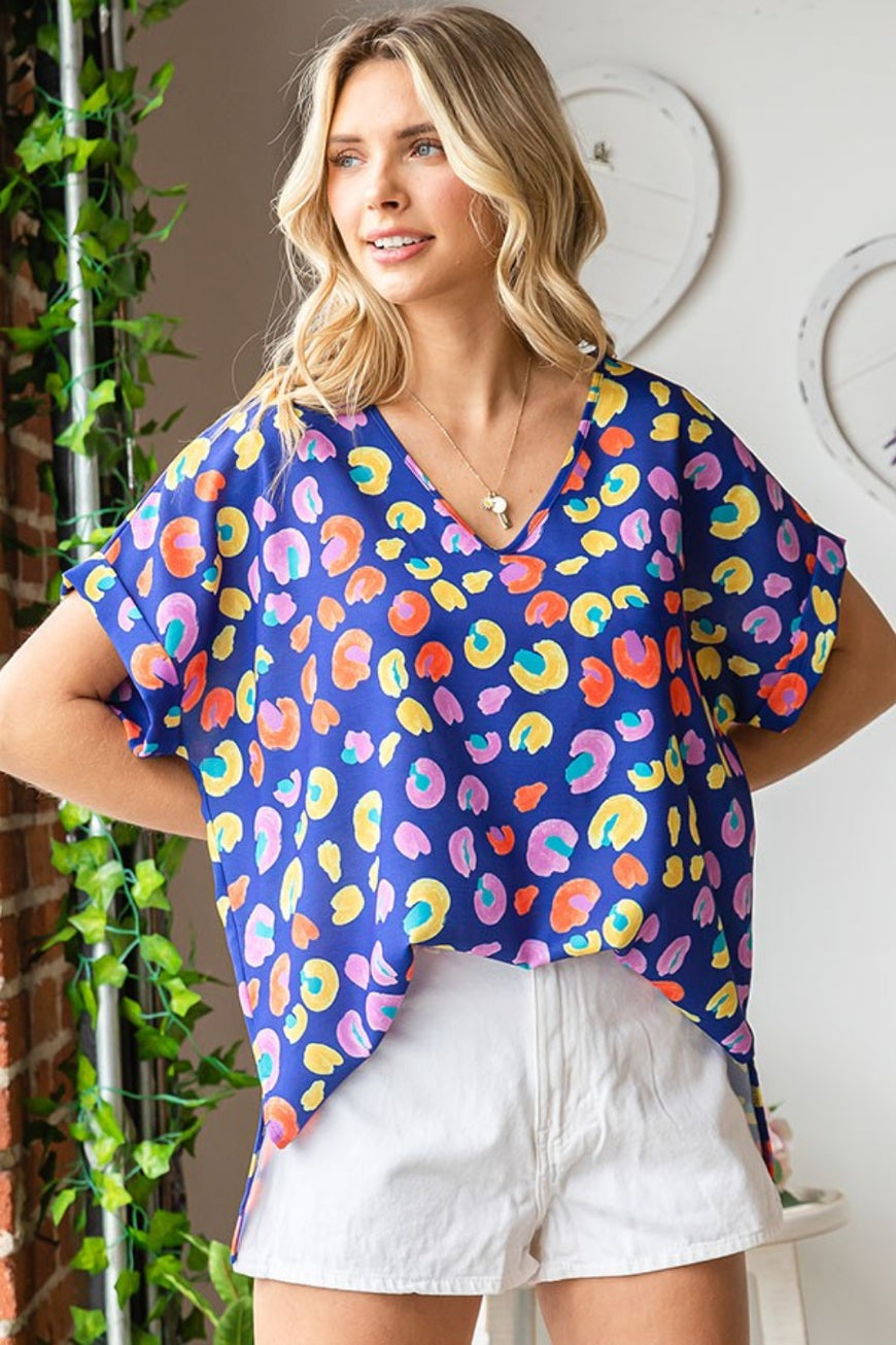 First Love Printed V-Neck Short Sleeve Blouse - TopFashionHQ
