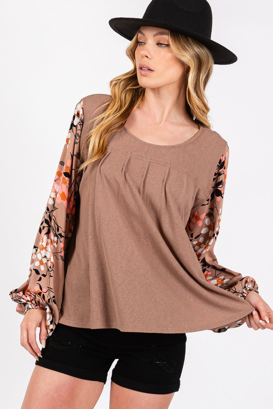 SAGE + FIG Floral Long Sleeve Front Pleated Detail Blouse - TopFashionHQ
