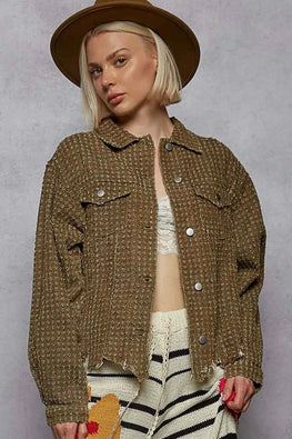 POL Raw Hem Button Up Jacket with Chest Pockets