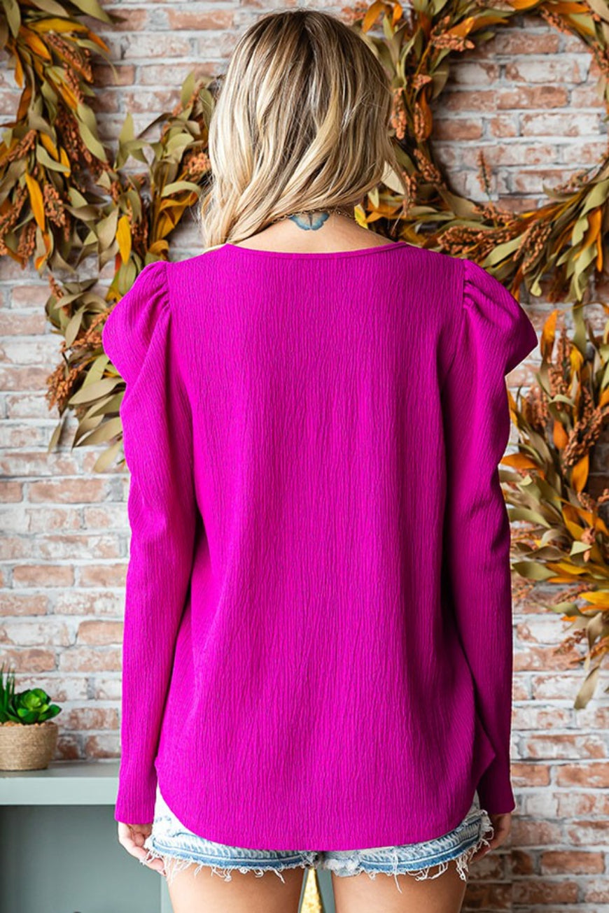 First Love Texture Puff Sleeve Round Neck Blouse - TopFashionHQ