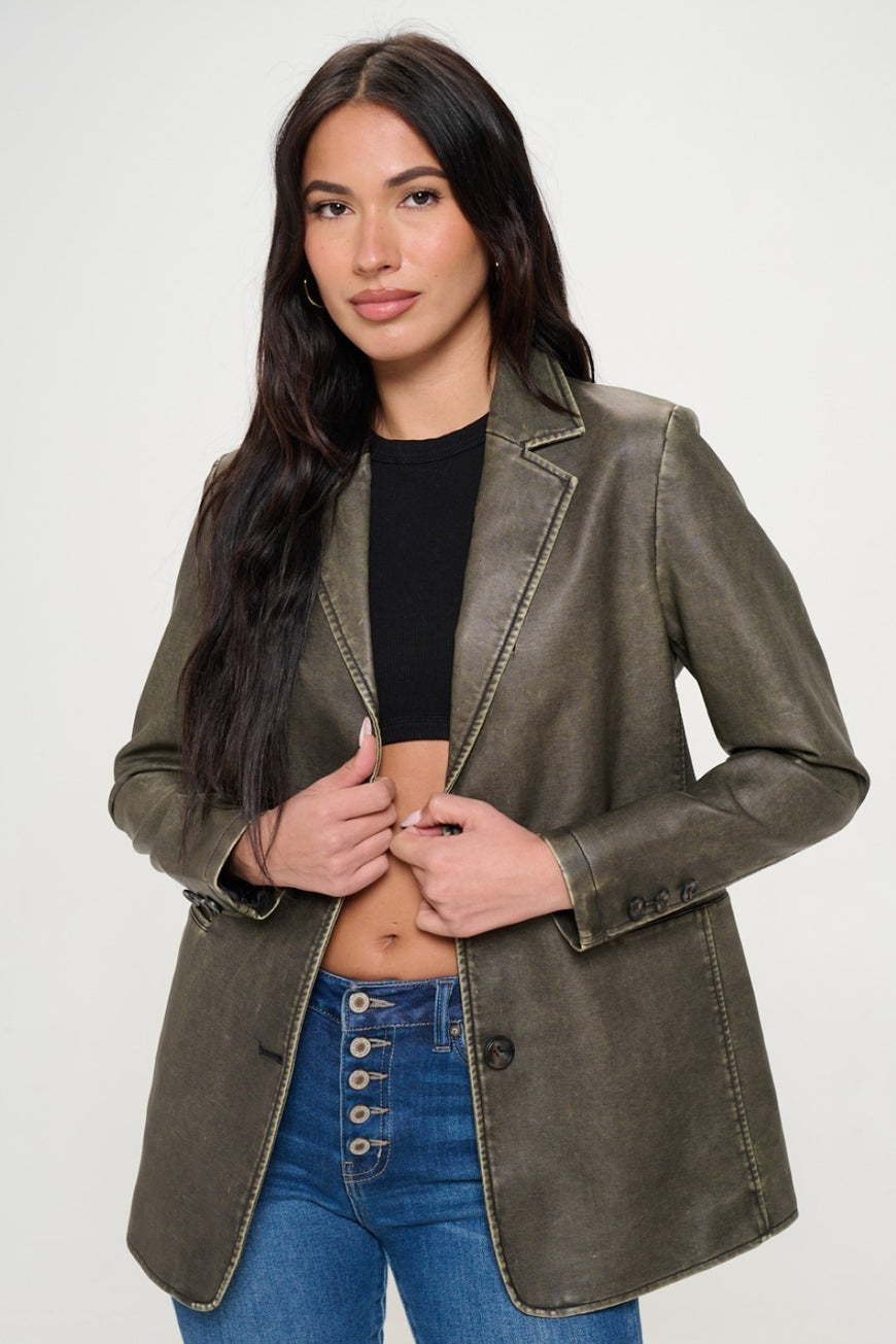 Coalition LA Single-Breasted Vegan Leather Blazer - TopFashionHQ